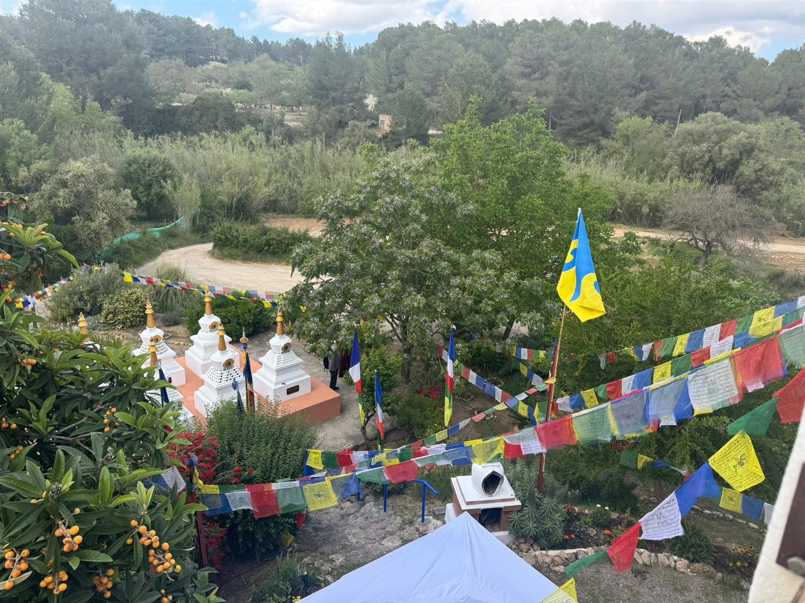 Vista del terreno del centro con las estupas y banderas de oracion