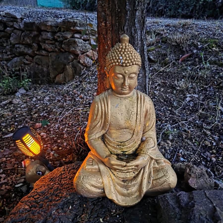 Pequeño Buda en el jardín al atardecer